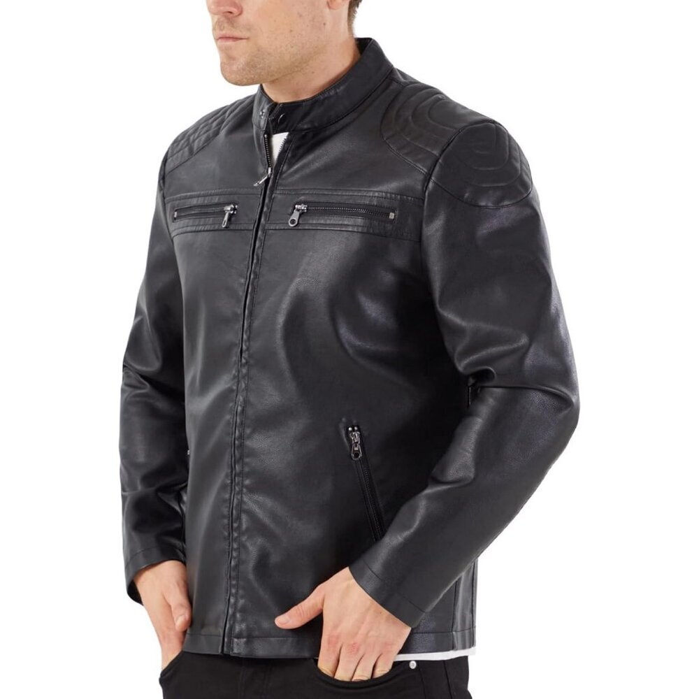 Men's Black1 Faux Leather Stand Collar Classic Zipper Slim Fit Biker Jacket - Picture 3 of 7